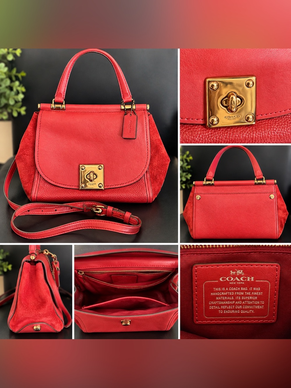 Coach Red Leather Top-Handle Satchel with Gold Hardware and Detachable Strap